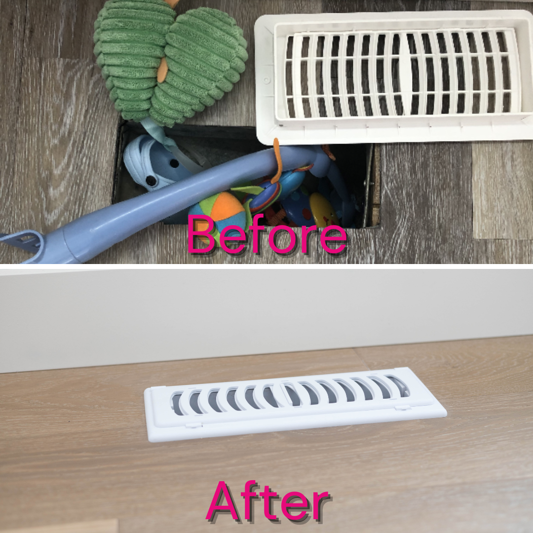 childproof babyproof vent cover floor register for air vents before with items in the vent and after with a closed, locked vent.