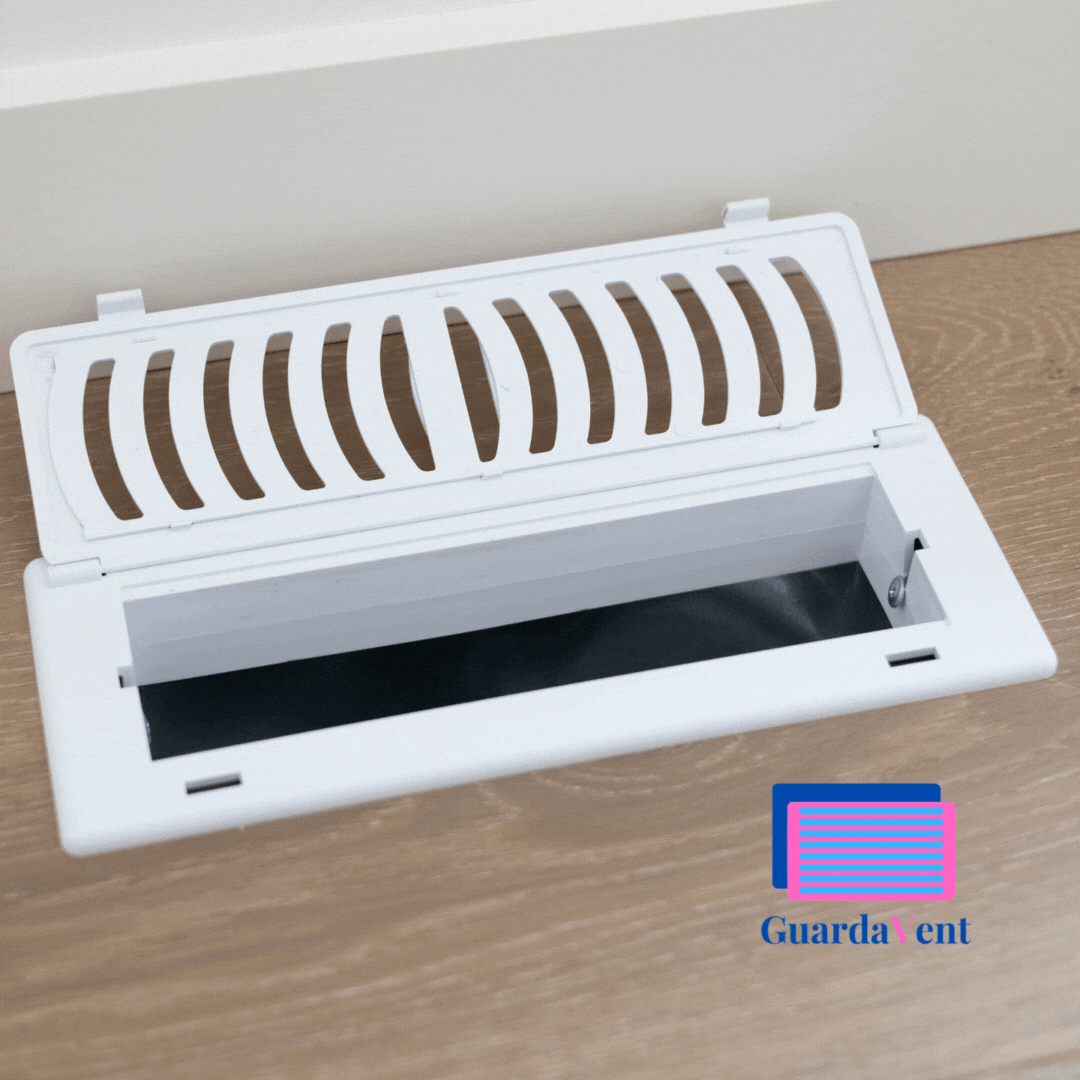 White Vent Cover in the floor. Babyproof Childproof Floor Vent Covers/Registers - Fits 3"x10" and 4"x10" vent openings - GuardaVent by Karymi